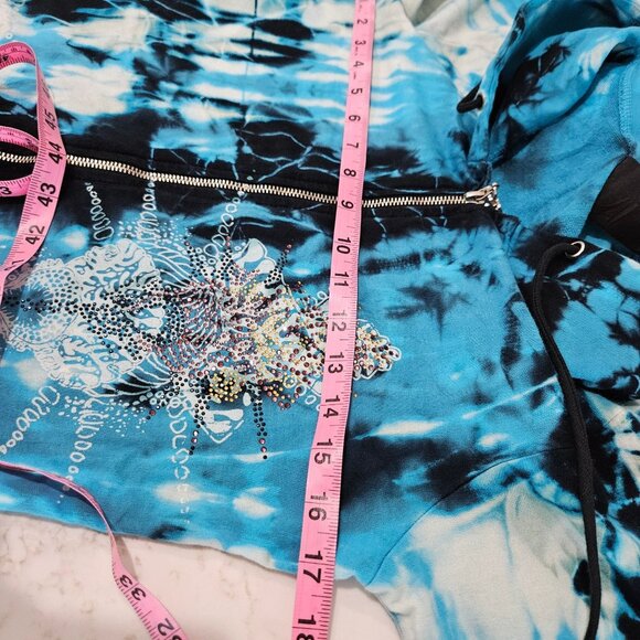 Sledge Vintage Hoodie Medium Zip Tie-Dye Rhinestone Blue Y2K Grunge Long Pockets - Picture 11 of 11